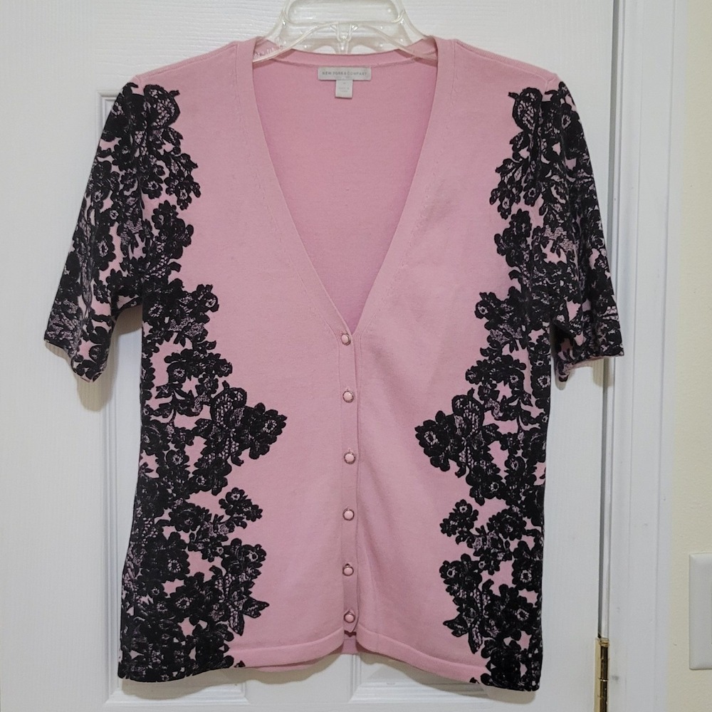 New York & Company Pink Black Floral Lace Print Short Sleeve Cotton Cardigan M